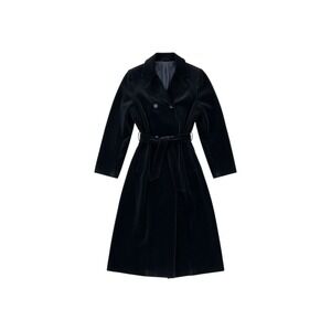 I.Magnin Black Vintage Velvet Double Breasted Belted Trench Coat Midi Length